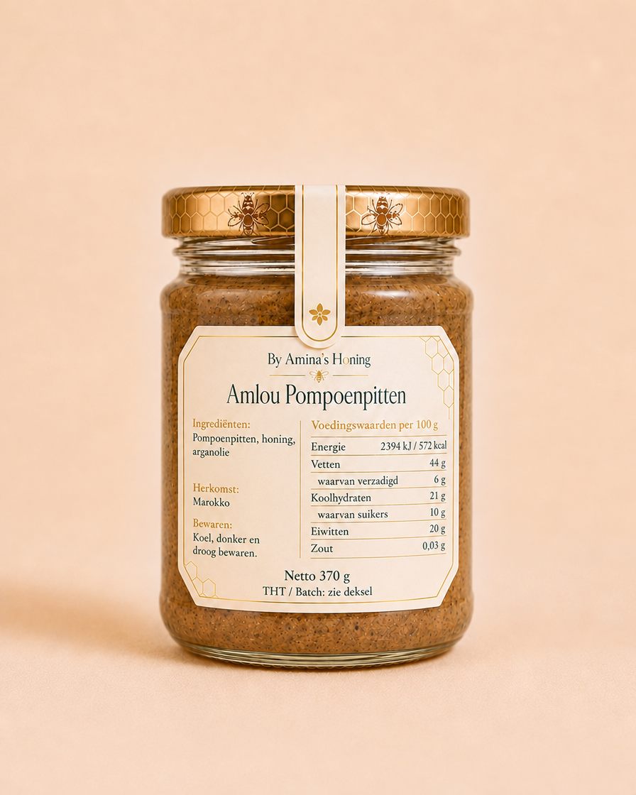 By Amina's Honing Amlou Pompoenpitten 370 g – achterkant met ingrediënten en voedingswaarden