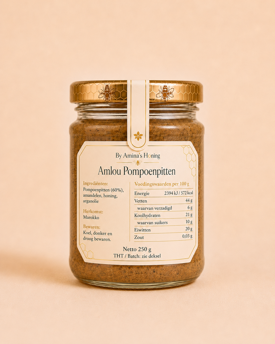 By Amina's Honing Amlou Pompoenpitten 250 g – achterkant met ingrediënten en voedingswaarden op het etiket