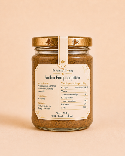 By Amina's Honing Amlou Pompoenpitten 250 g – achterkant met ingrediënten en voedingswaarden op het etiket
