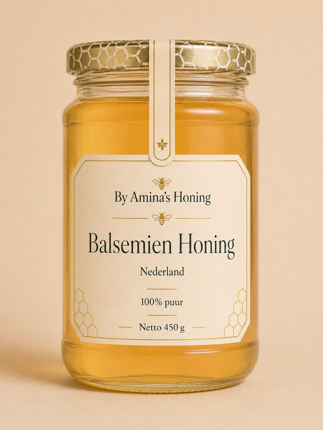 By Amina's Honing Balsemien Honing 450 g – voorkant, heldere goudgele honing in pot met etiket Nederland