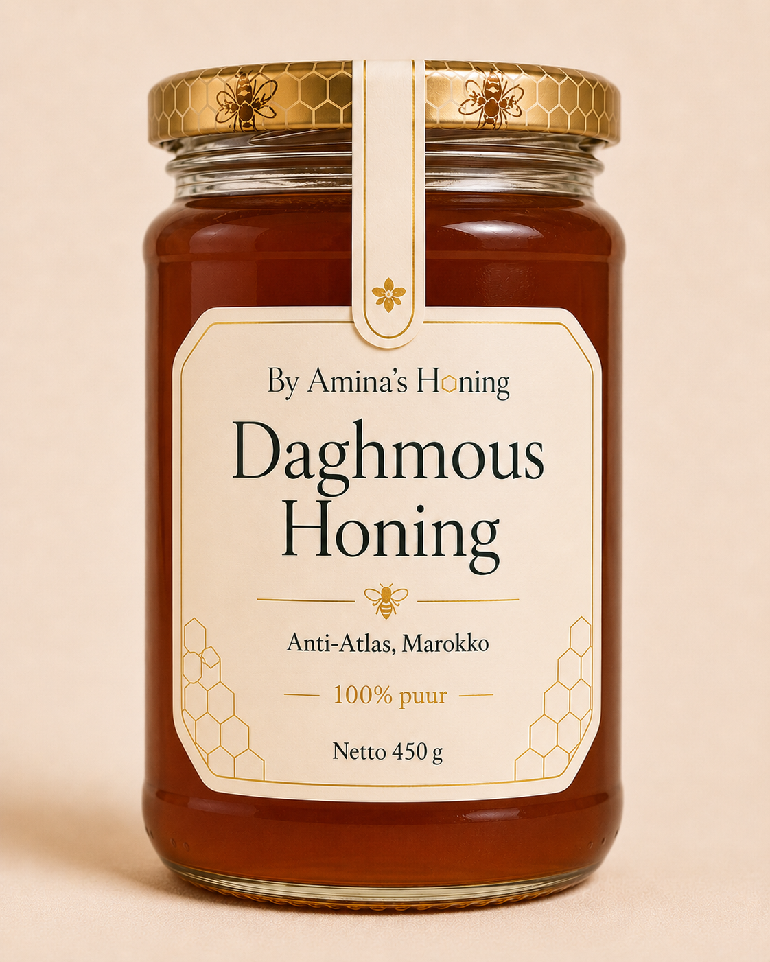 By Amina's Honing Daghmous Honing 450 g – voorkant, grote pot donkere roodbruine honing, etiket Anti-Atlas