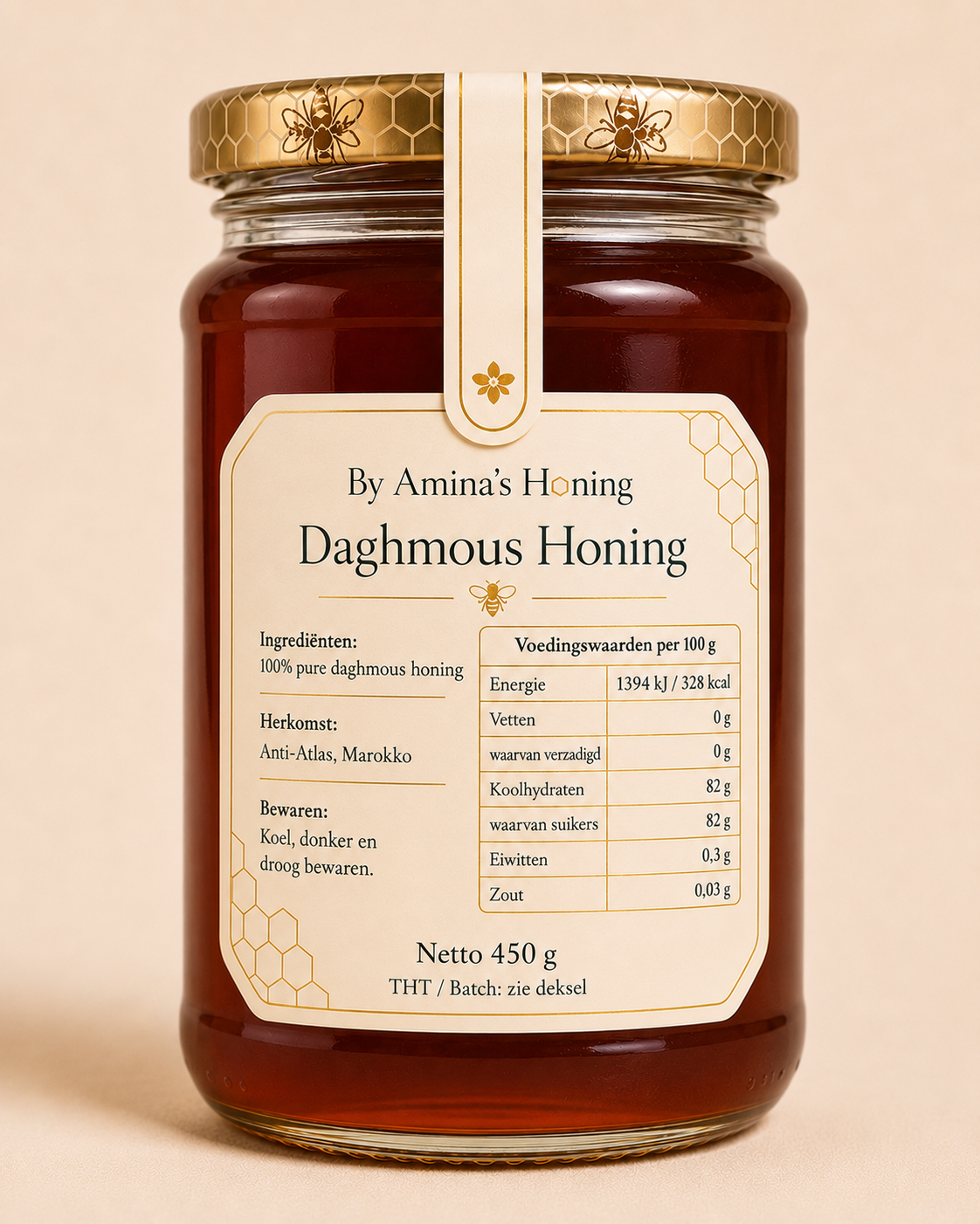 By Amina's Honing Daghmous Honing 450 g – achterkant met voedingswaardentabel en herkomst Anti-Atlas, Marokko