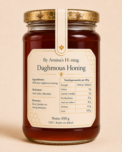 By Amina's Honing Daghmous Honing 450 g – achterkant met voedingswaardentabel en herkomst Anti-Atlas, Marokko