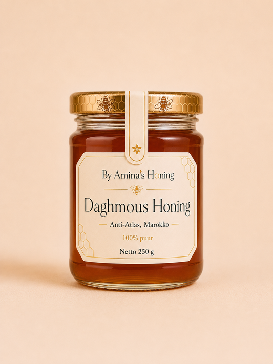 By Amina's Honing Daghmous Honing 250 g – voorkant, donkere roodbruine cactushoning, etiket Anti-Atlas, Marokko