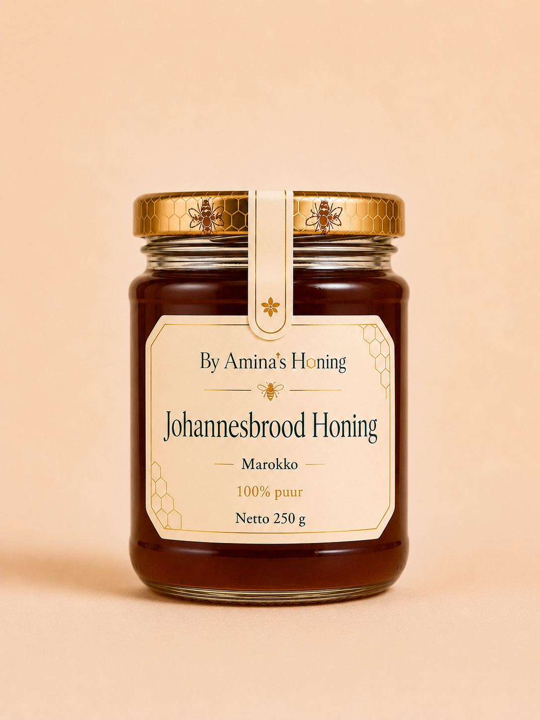By Amina's Honing Johannesbrood Honing 250 g – voorkant, zeer donkere honing in pot met etiket Marokko, 100% puur