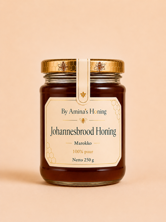 By Amina's Honing Johannesbrood Honing 250 g – voorkant, zeer donkere honing in pot met etiket Marokko, 100% puur