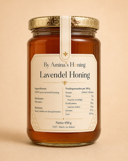 By Amina's Honing Lavendel Honing 450 g – achterkant met ingrediënten, voedingswaarden en bewaaradvies