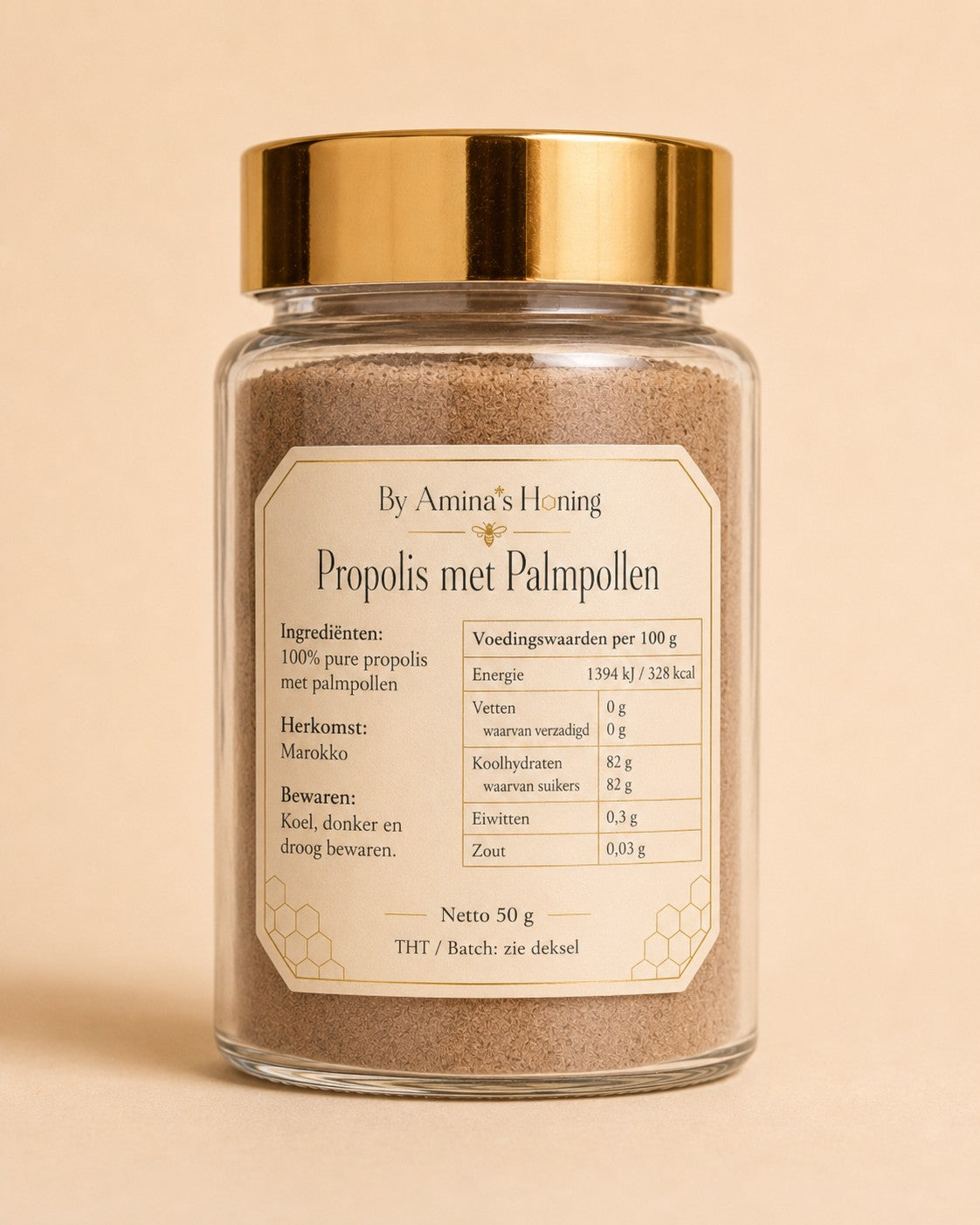 By Amina's Honing propolis met palmpollen 50 g – achterkant met ingrediënten, herkomst en voedingswaardentabel