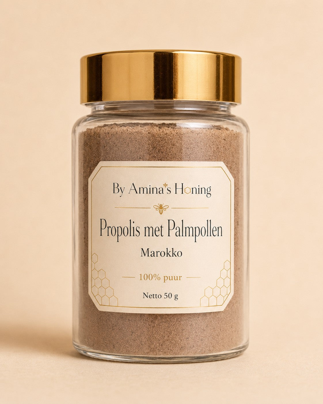 By Amina's Honing propolis met palmpollen 50 g – voorkant, glazen pot met gouden deksel en crème etiket Marokko