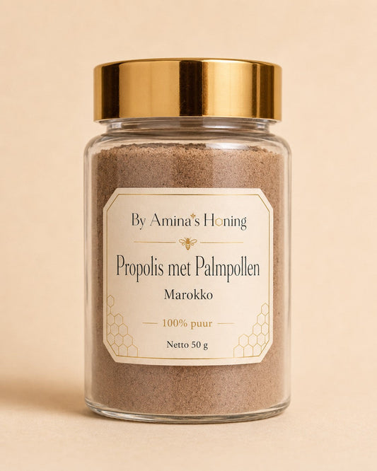 By Amina's Honing propolis met palmpollen 50 g – voorkant, glazen pot met gouden deksel en crème etiket Marokko