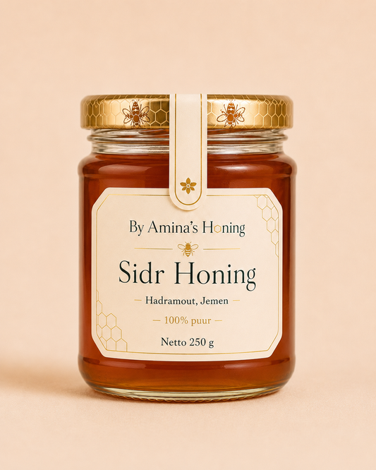 By Amina's Honing Sidr Honing 250 g – voorkant, amberkleurige honing, etiket Hadramout, Jemen, 100% puur