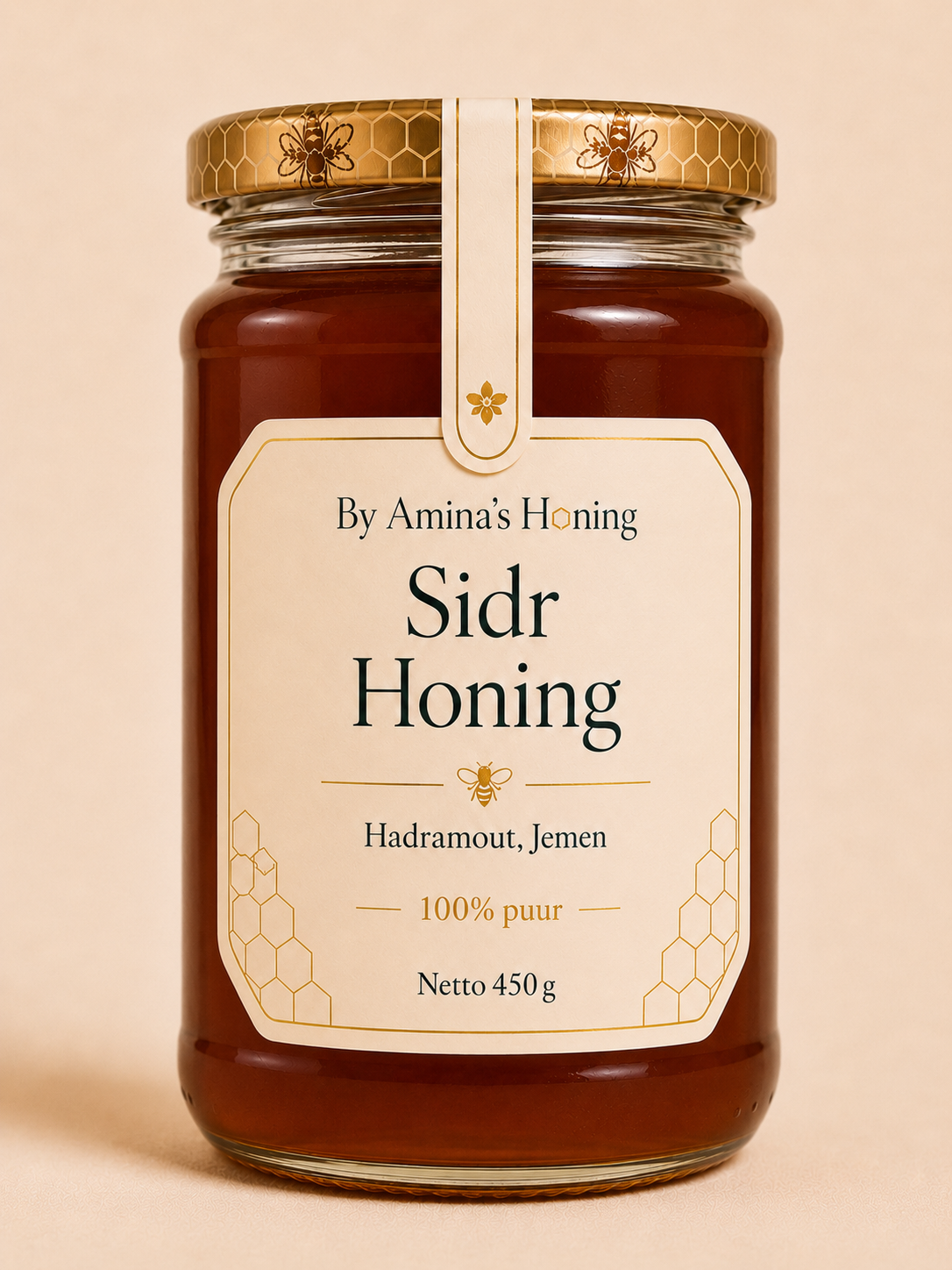 By Amina's Honing Sidr Honing 450 g – voorkant, donkere roodbruine honing, etiket Hadramout, Jemen