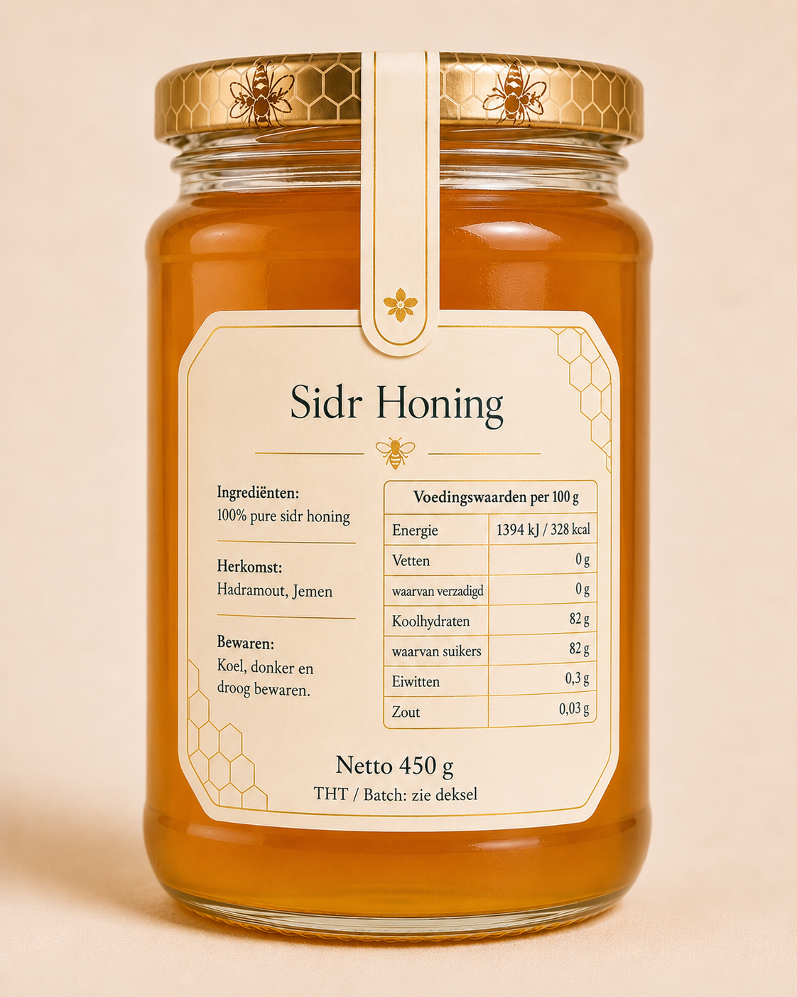By Amina's Honing Sidr Honing 450 g – achterkant met voedingswaardentabel en bewaaradvies op het etiket