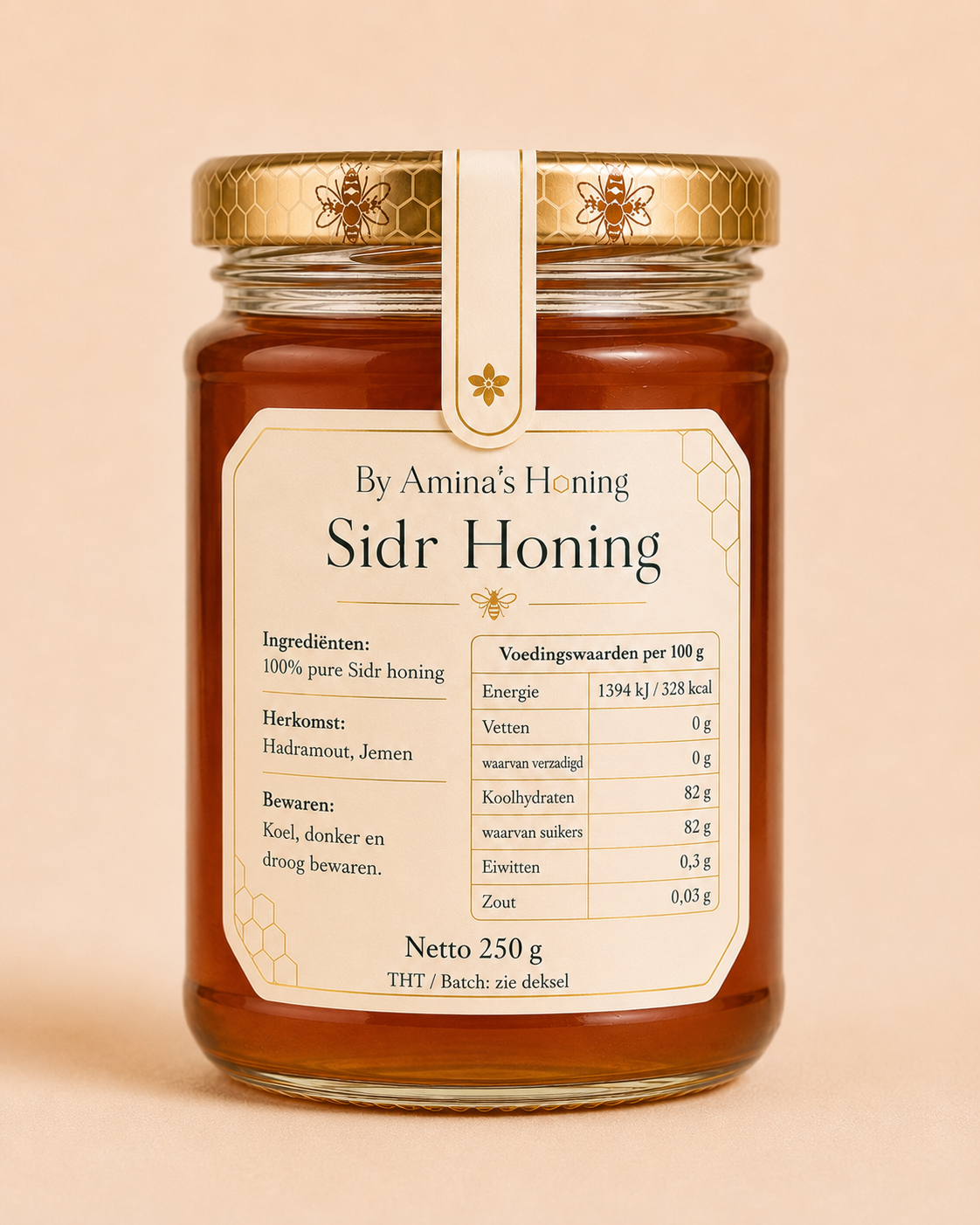 By Amina's Honing Sidr Honing 250 g – achterkant met ingrediënten, voedingswaarden en herkomst Hadramout