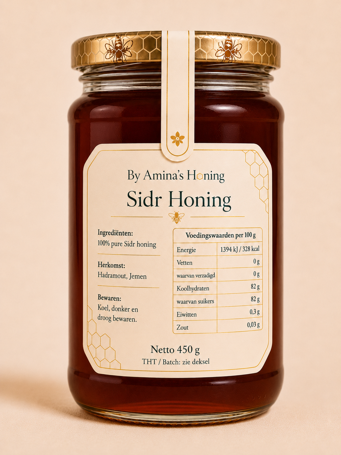 By Amina's Honing Sidr Honing 450 g – achterkant, donkere honing met ingrediënten en voedingswaarden op etiket
