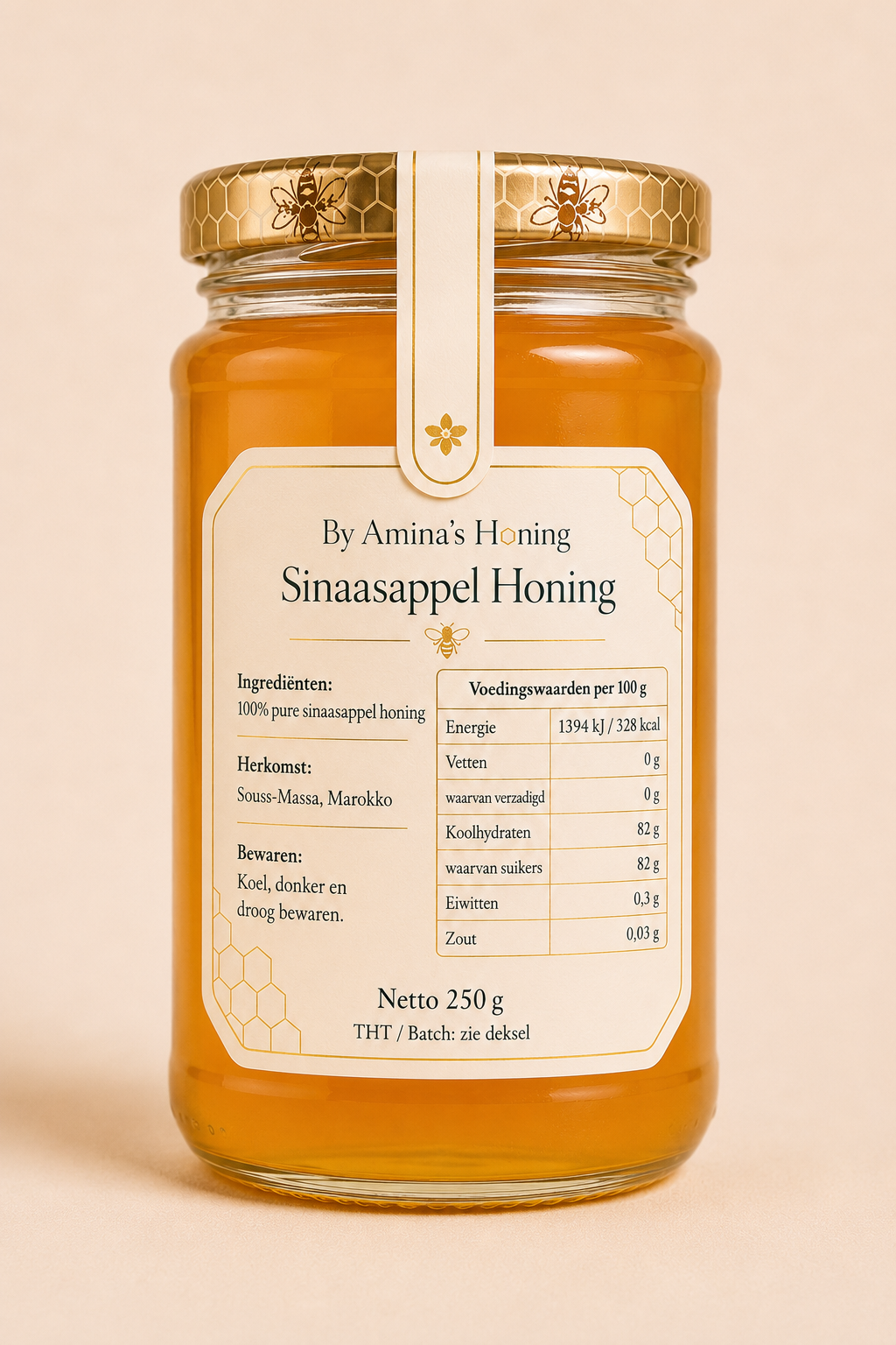 By Amina's Honing Sinaasappel Honing 250 g – achterkant met ingrediënten, voedingswaarden en bewaaradvies