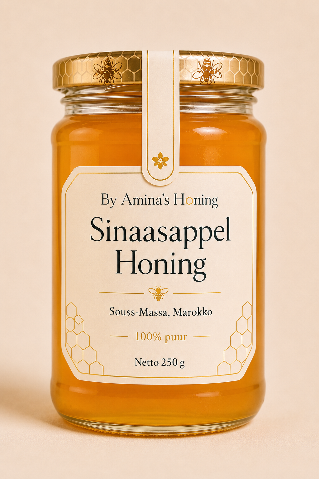 By Amina's Honing Sinaasappel Honing 250 g – voorkant, hoge pot met oranjegouden honing, etiket Souss-Massa