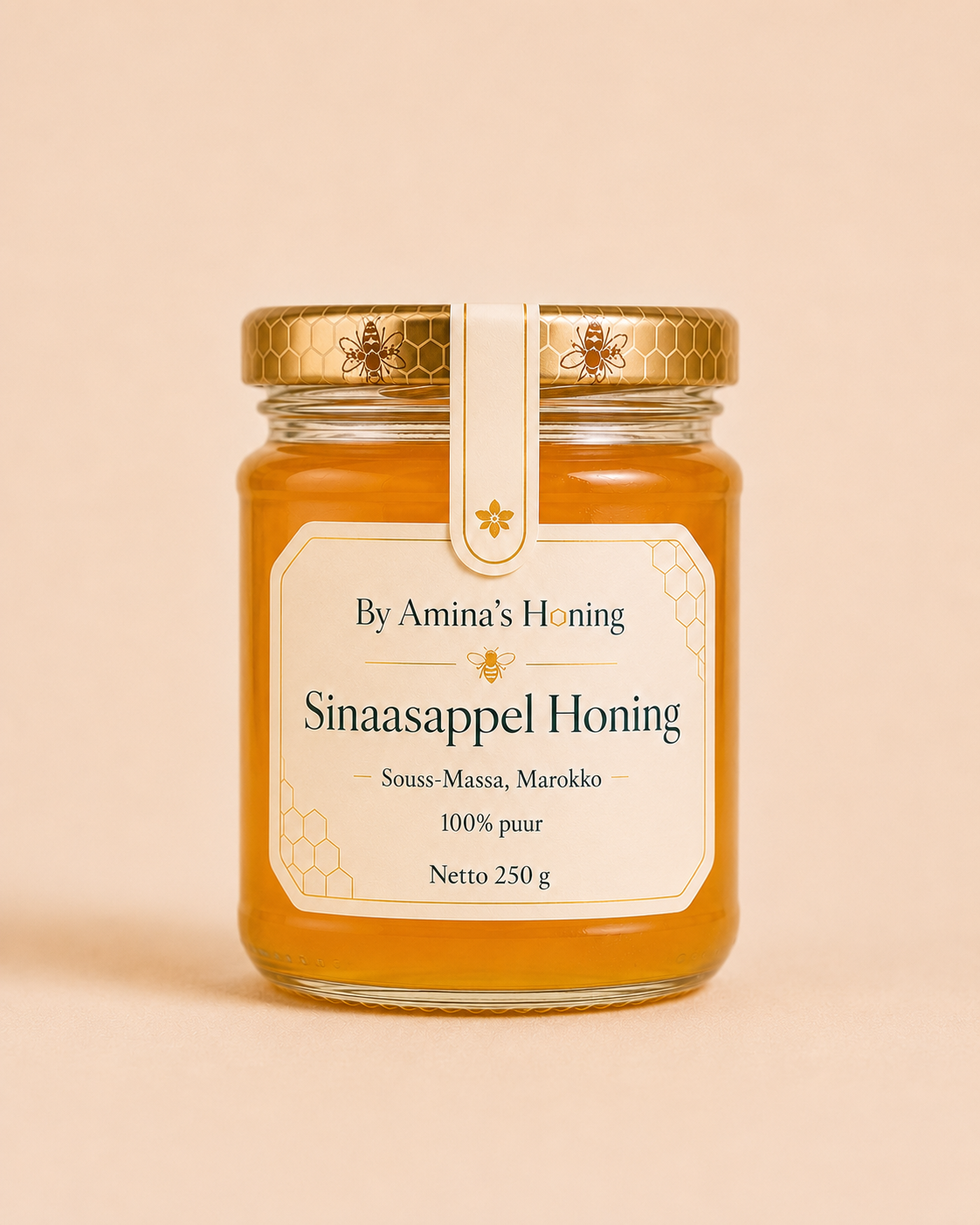 By Amina's Honing Sinaasappel Honing – voorkant, heldere goudoranje honing, etiket Souss-Massa, Marokko