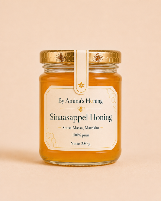 By Amina's Honing Sinaasappel Honing – voorkant, heldere goudoranje honing, etiket Souss-Massa, Marokko