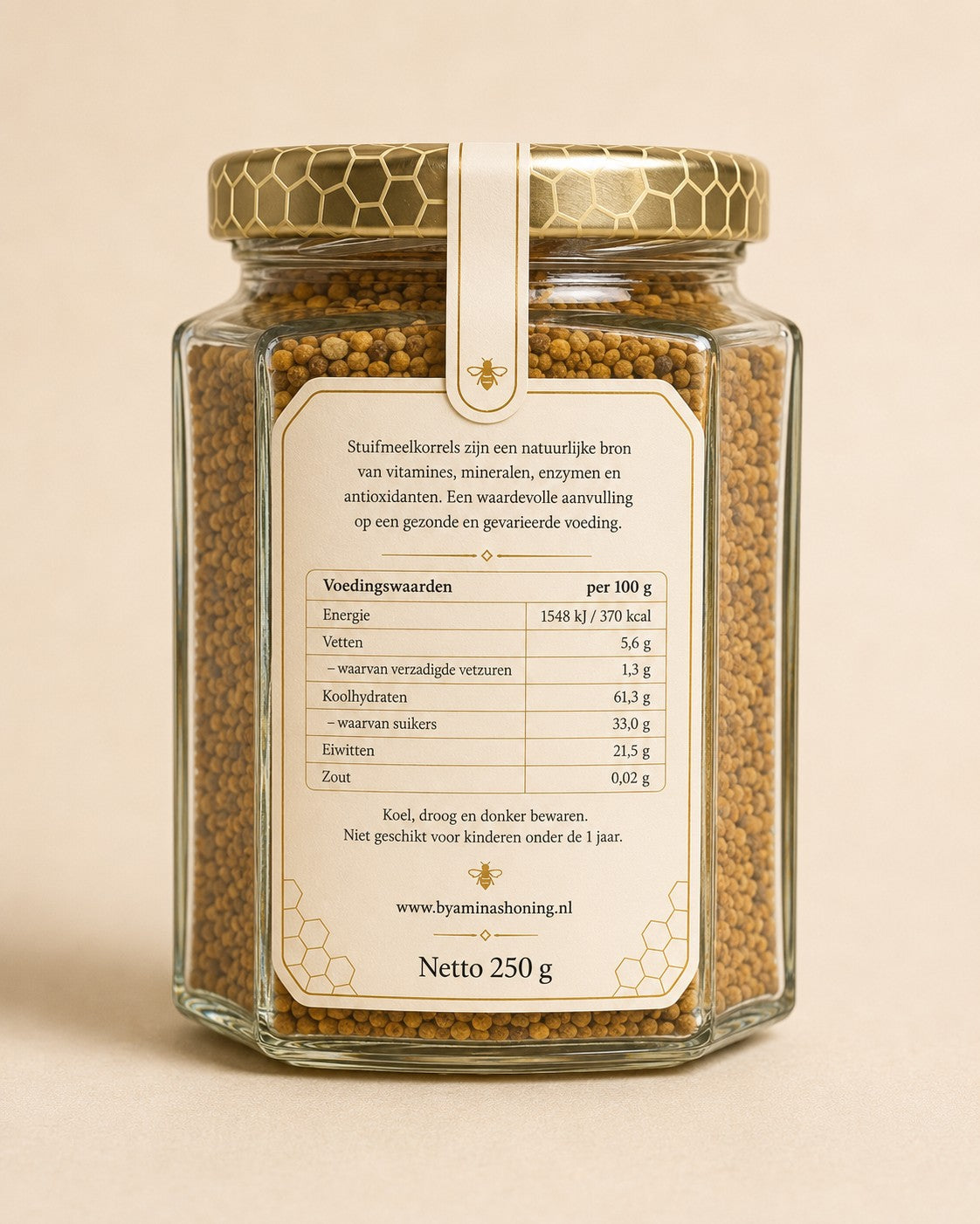 By Amina's Honing stuifmeelkorrels bijenpollen 250 g – achterkant van de pot met voedingswaarden per 100 g
