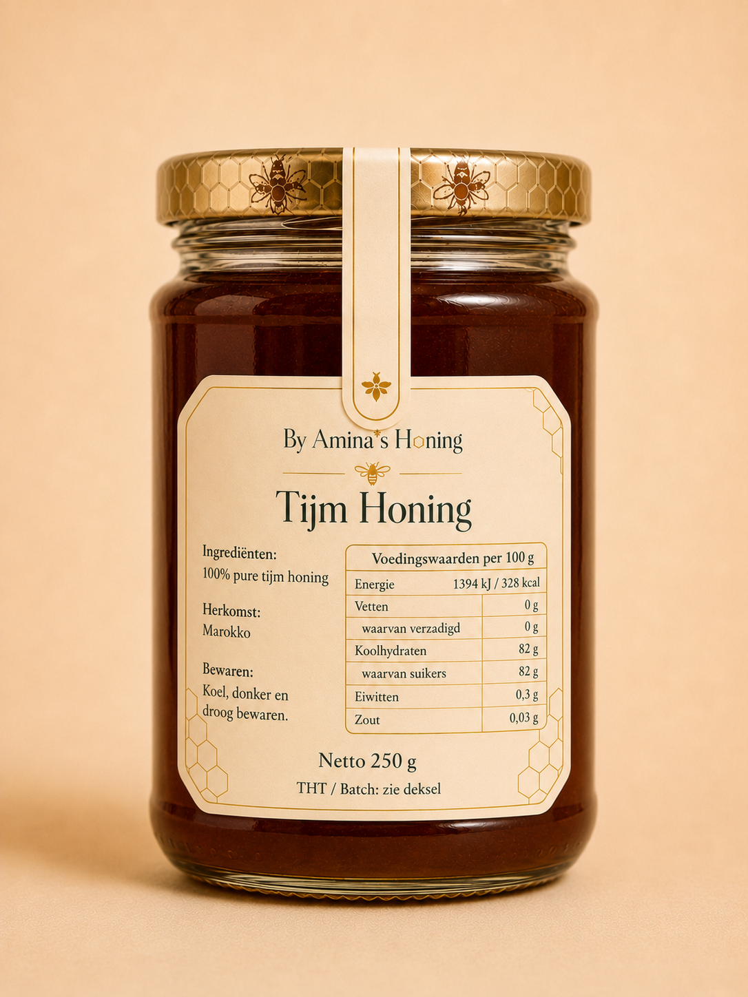 By Amina's Honing Tijm Honing 250 g – achterkant met voedingswaarden per 100 g en herkomst Marokko op etiket