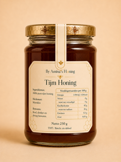 By Amina's Honing Tijm Honing 250 g – achterkant met voedingswaarden per 100 g en herkomst Marokko op etiket