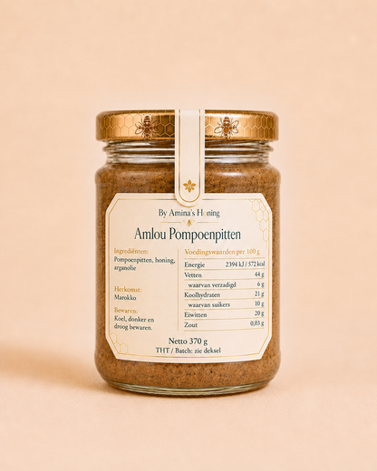 By Amina's Honing Amlou Pompoenpitten 370 g – achterkant met ingrediënten en voedingswaarden